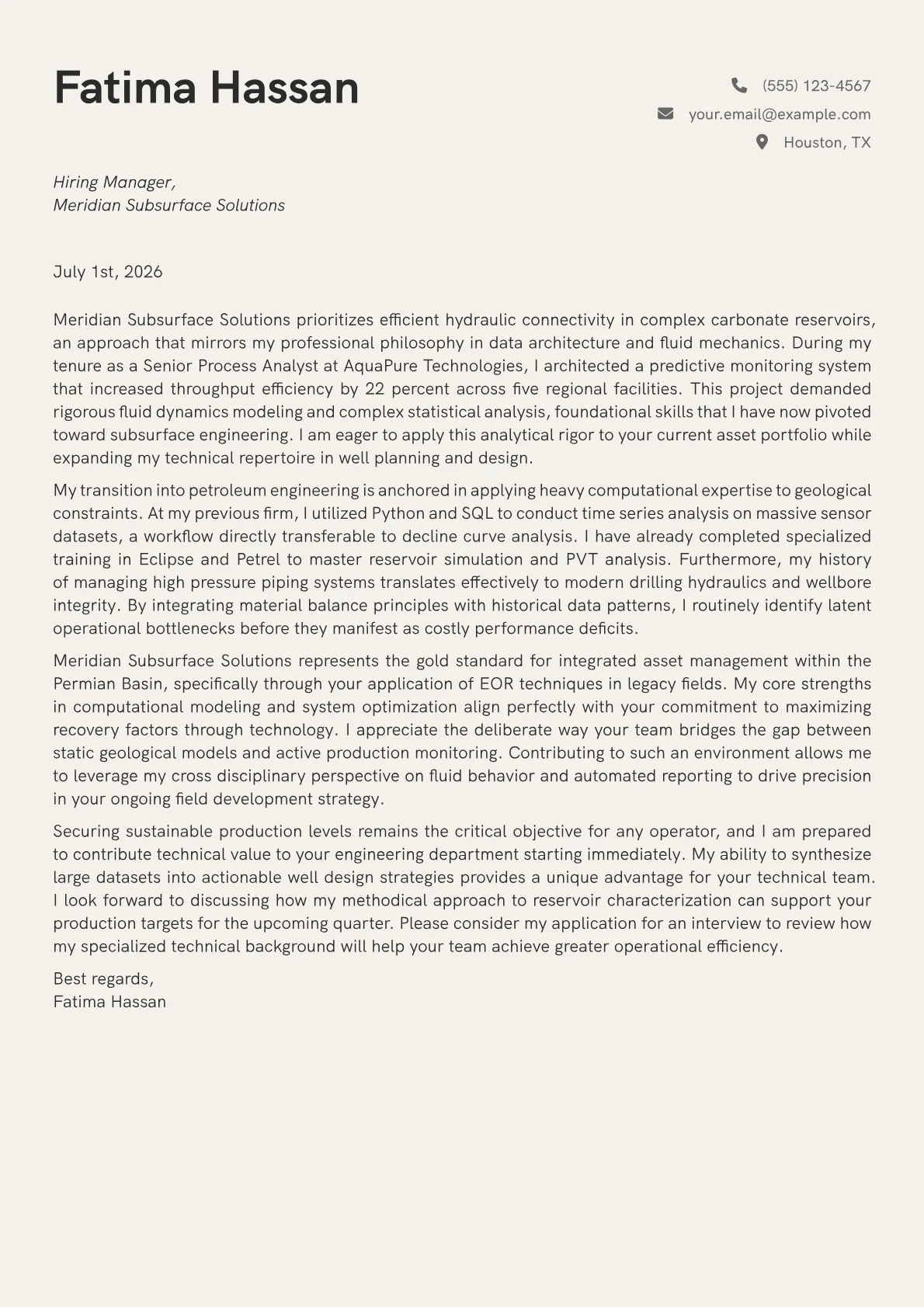 Petroleum Engineer cover letter in the Creative design