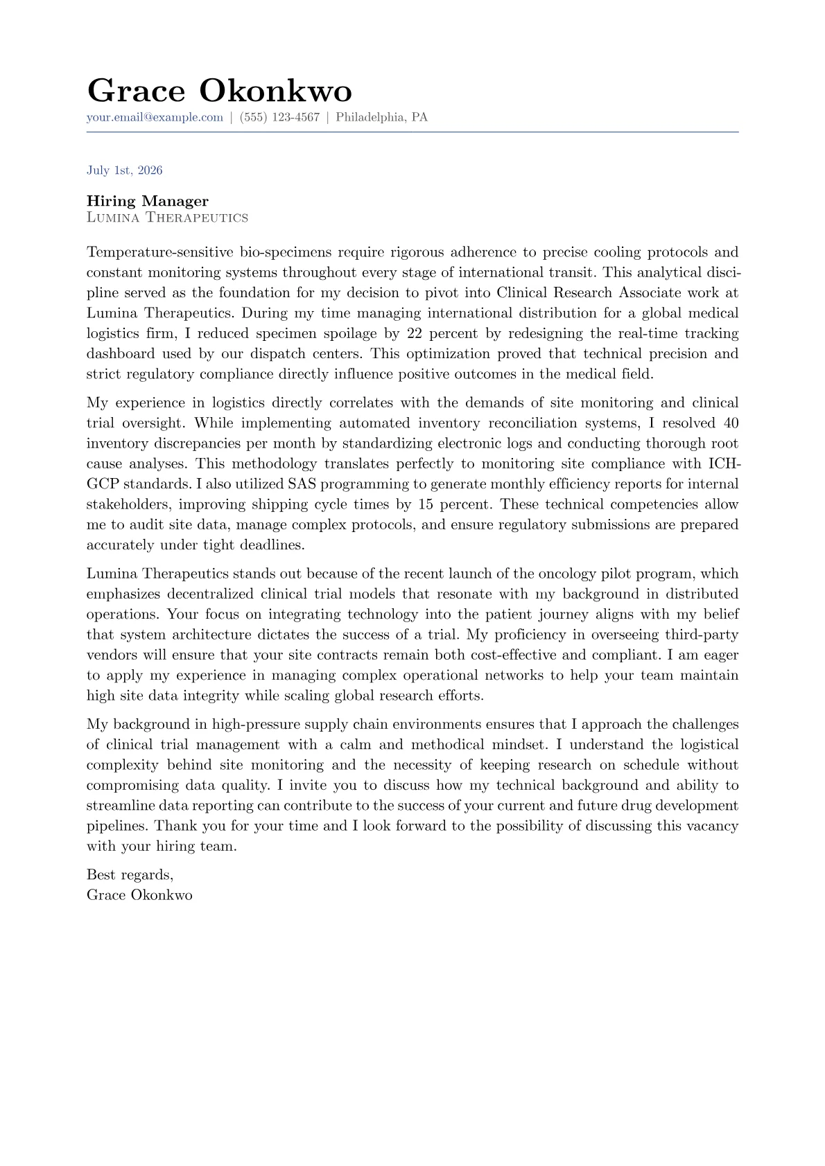 Pharma cover letter in the Classic design