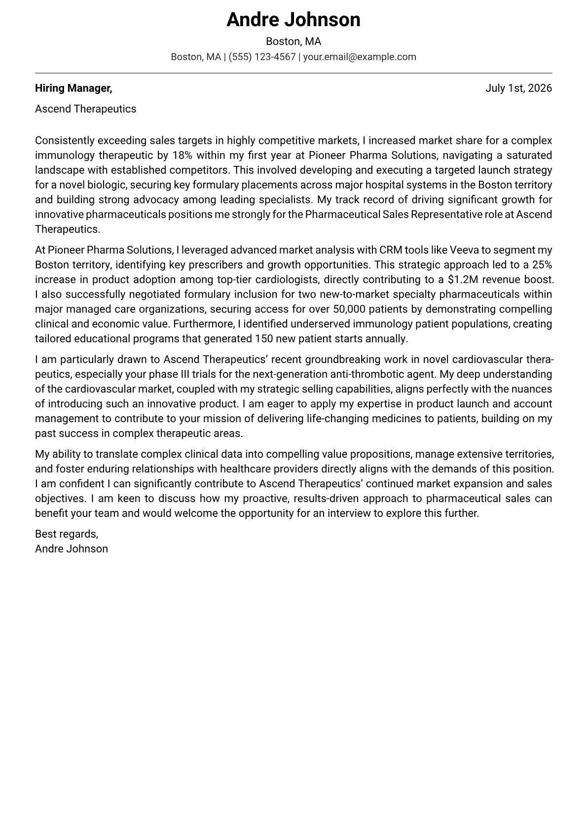 Pharmaceutical Sales Representative cover letter formatted with a JobSprout template