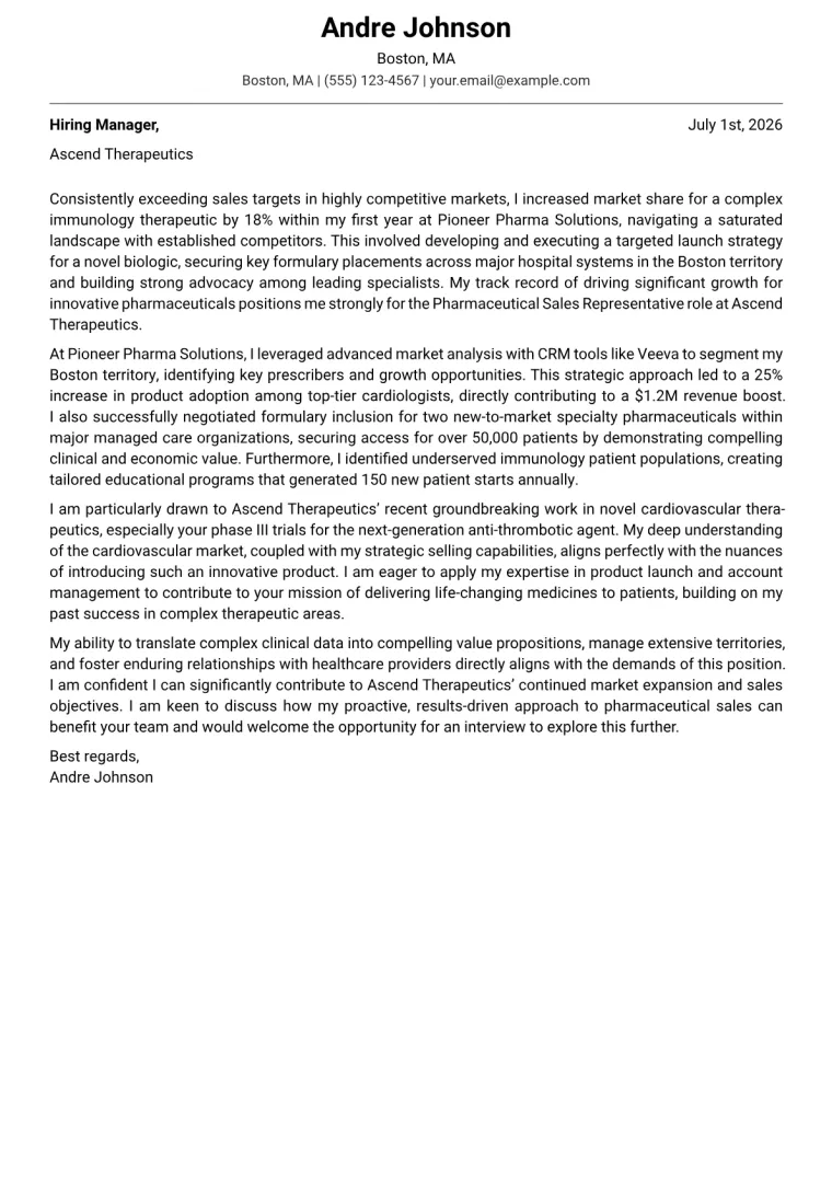 Pharmaceutical Sales Representative Cover Letter Example