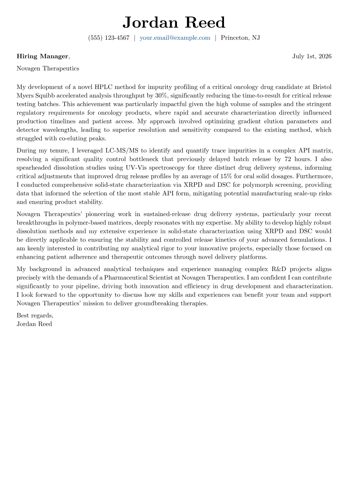 Pharmaceutical Scientist cover letter formatted with a JobSprout template