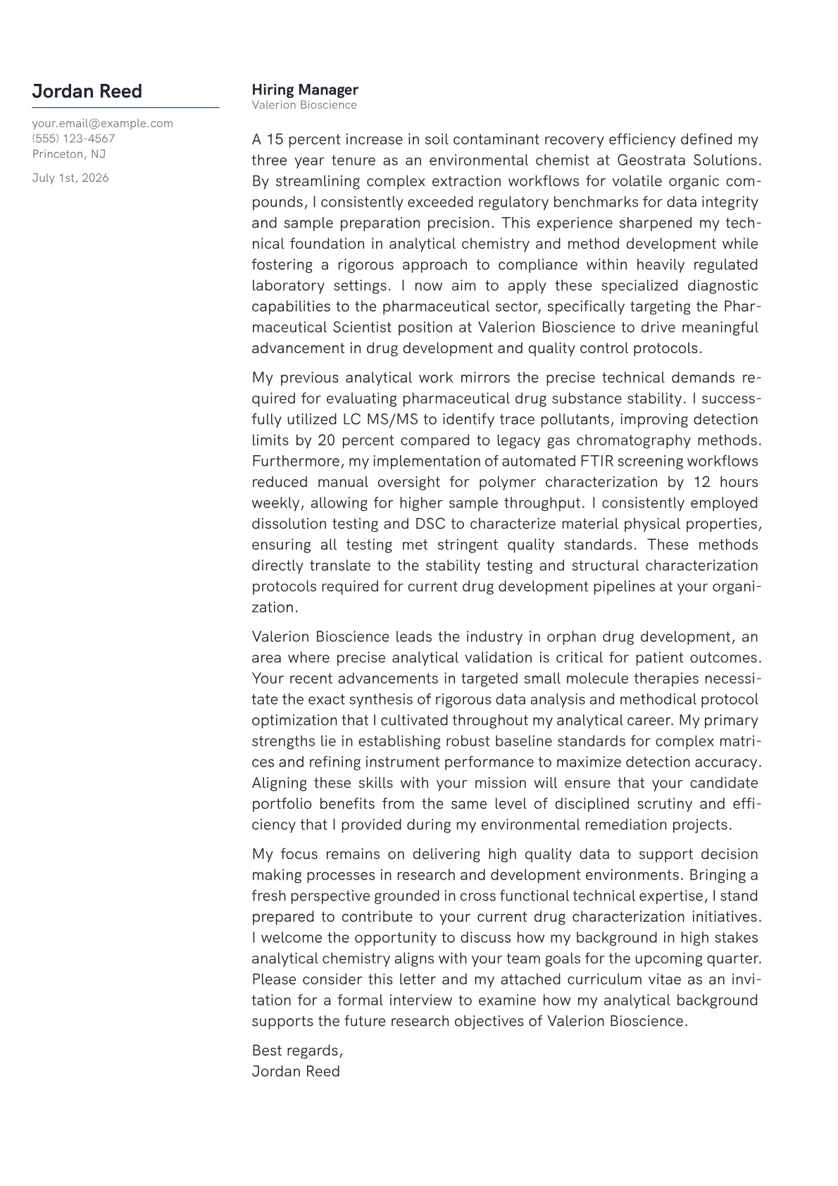 Pharmaceutical Scientist cover letter in the Margin design