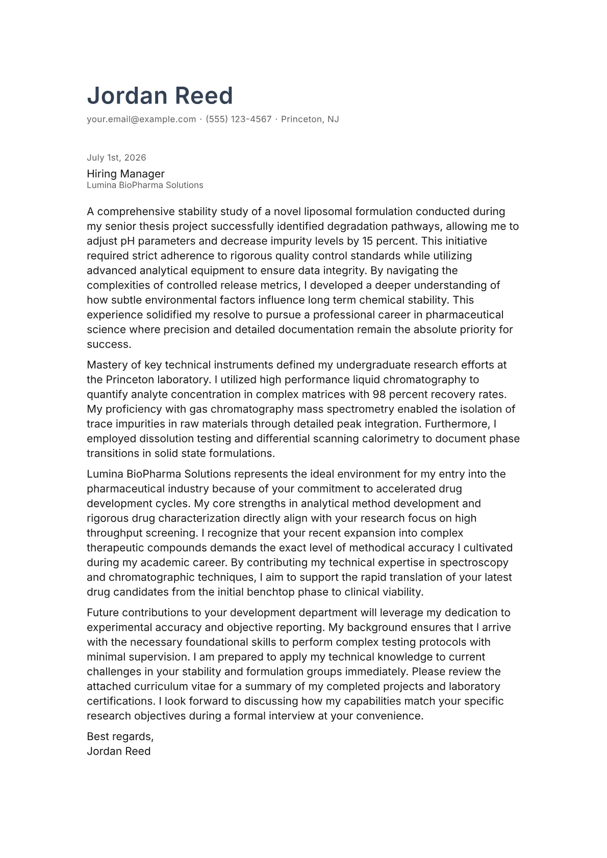 Pharmaceutical Scientist cover letter in the Minimal design
