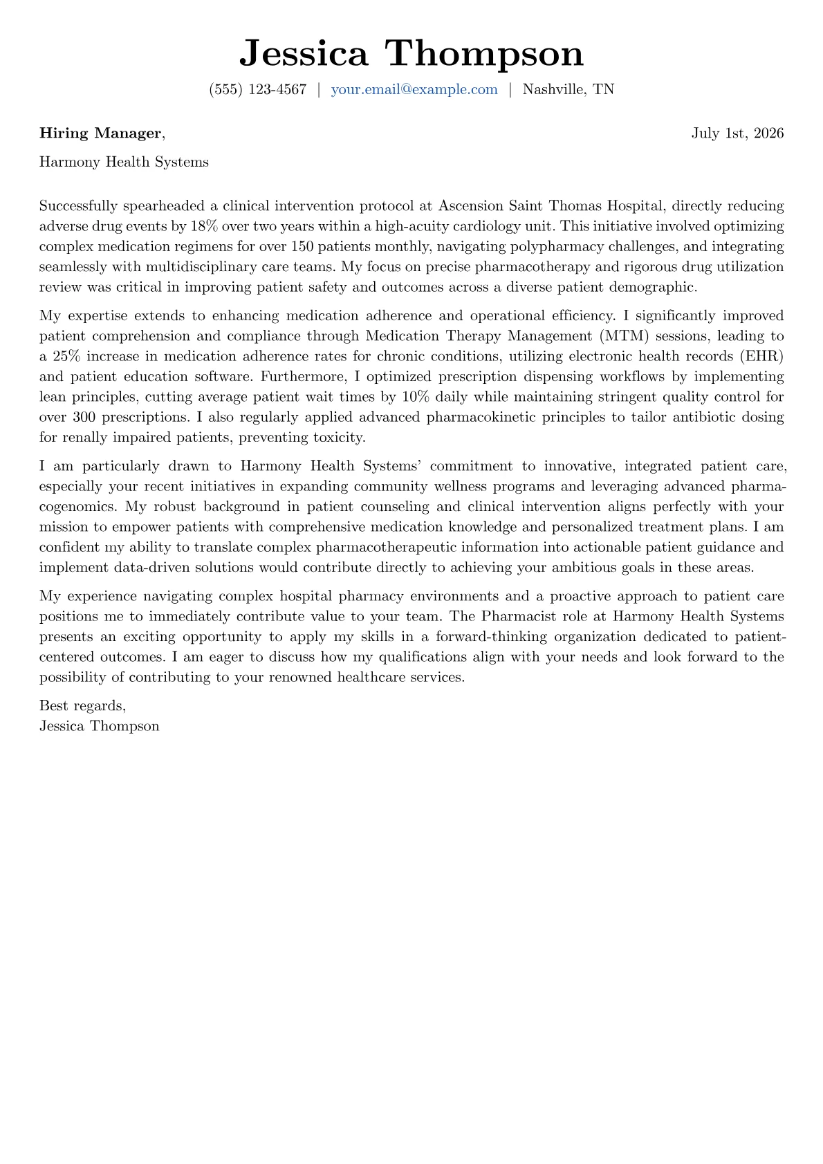 Pharmacist cover letter formatted with a JobSprout template