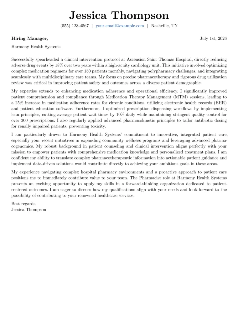 Pharmacist Cover Letter Example