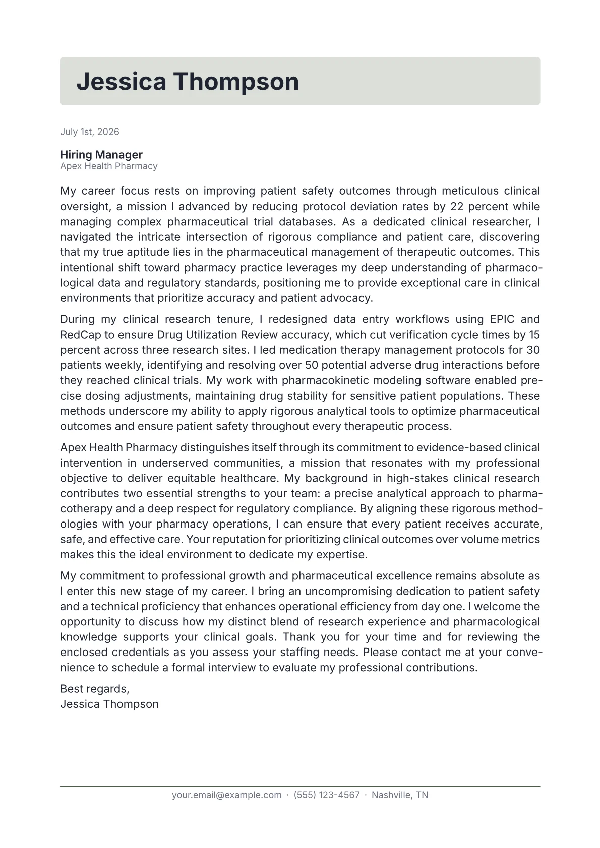 Pharmacist cover letter in the Letterhead design