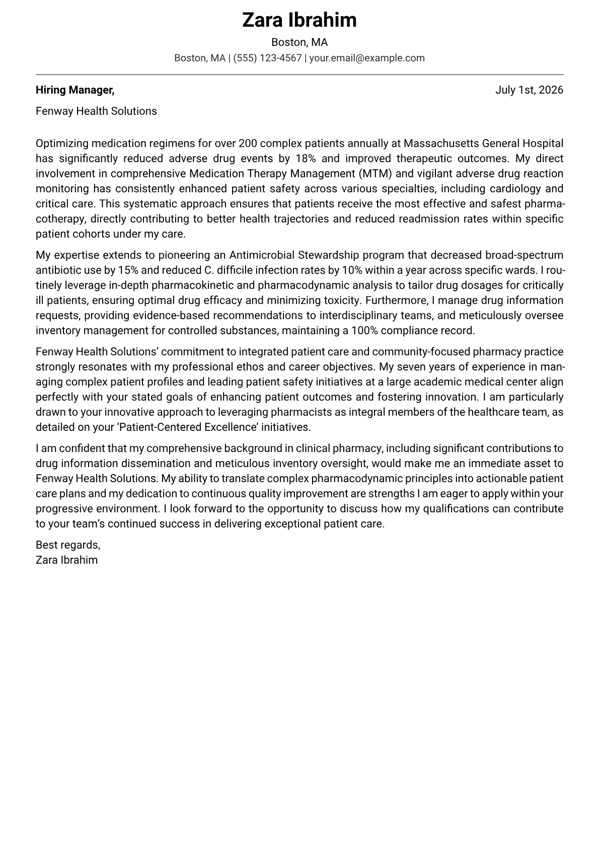 Pharmacy cover letter formatted with a JobSprout template