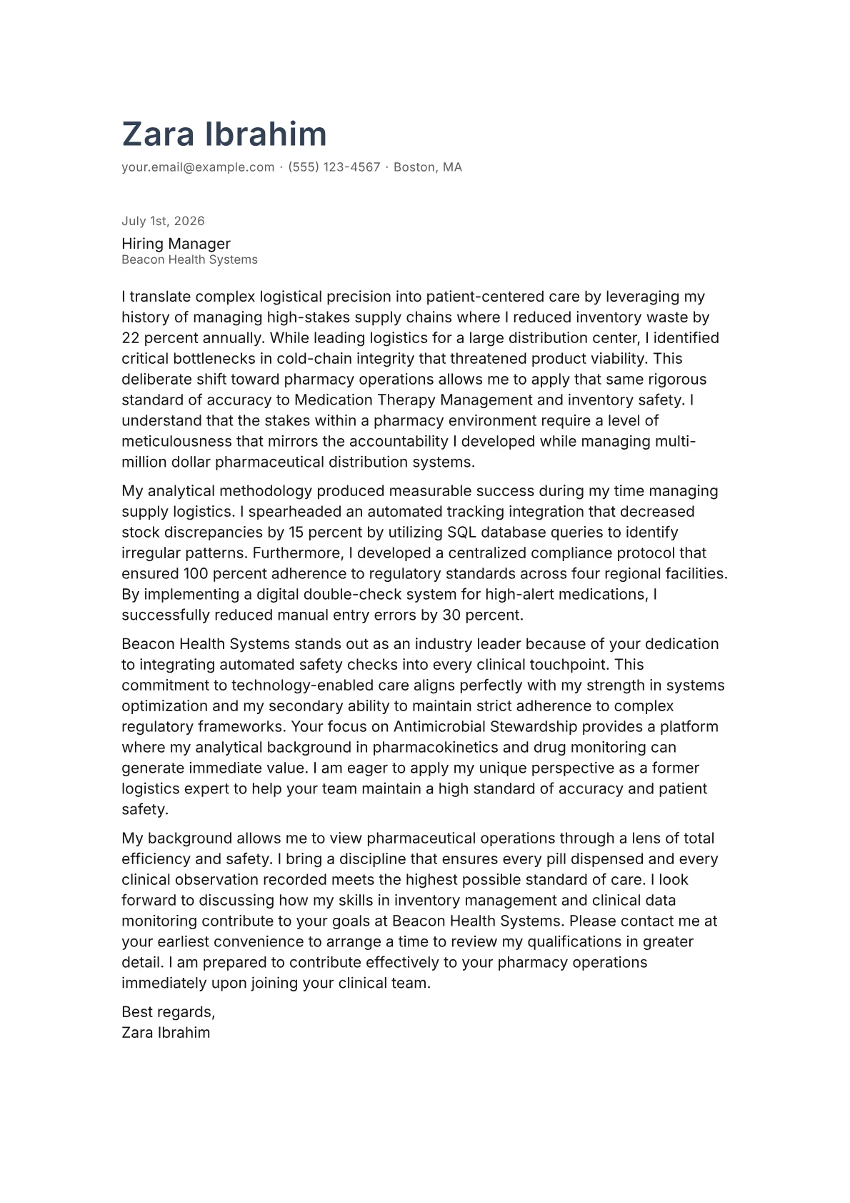 Pharmacy cover letter in the Minimal design