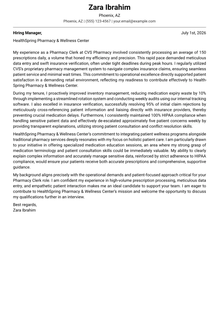 Pharmacy Clerk cover letter example preview