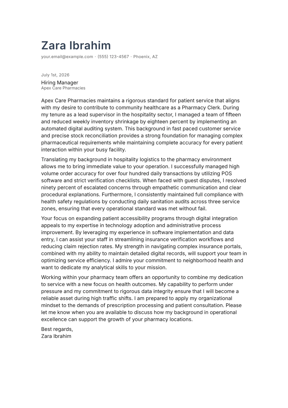 Pharmacy Clerk cover letter in the Minimal design