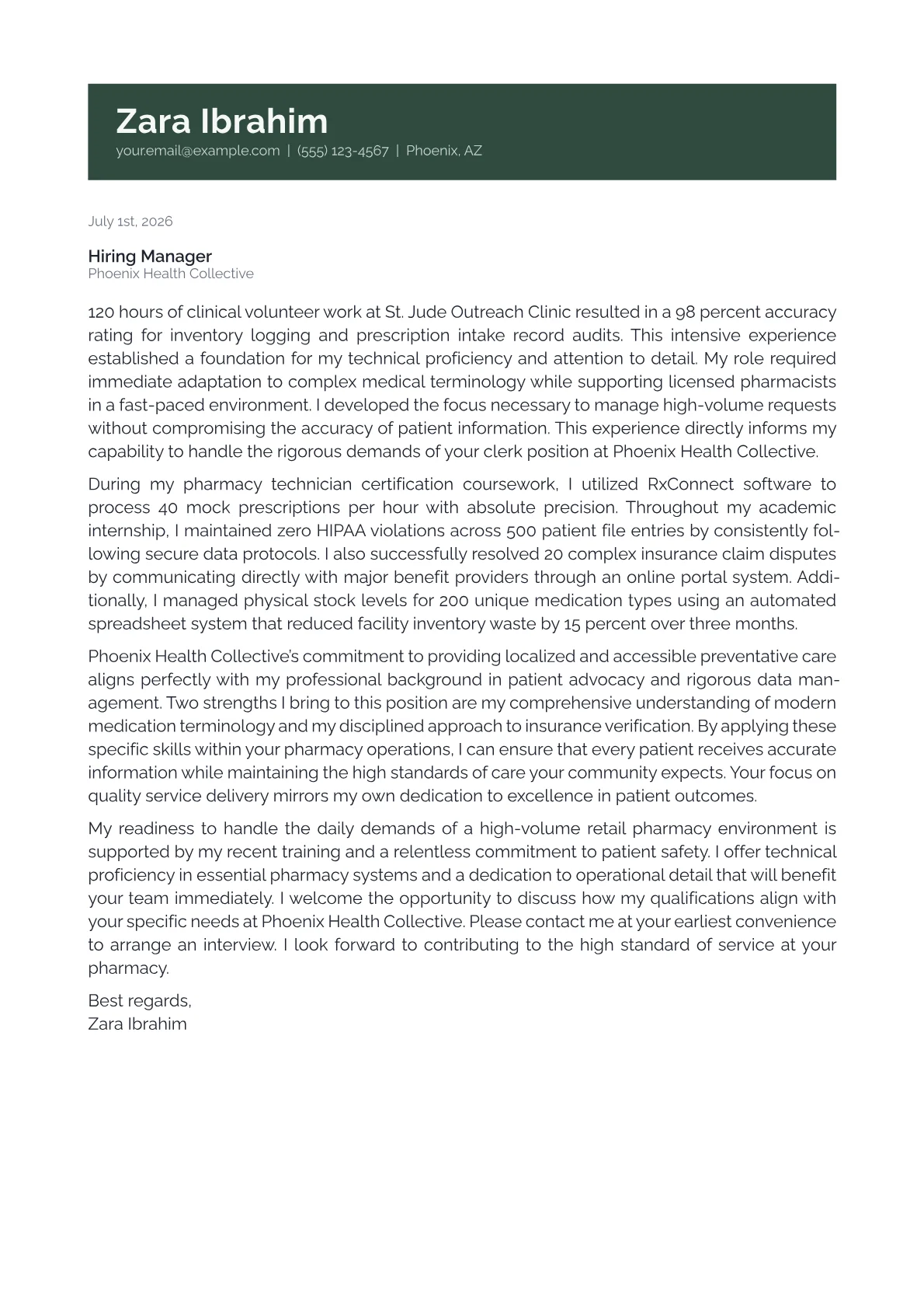 Pharmacy Clerk cover letter in the Banner design