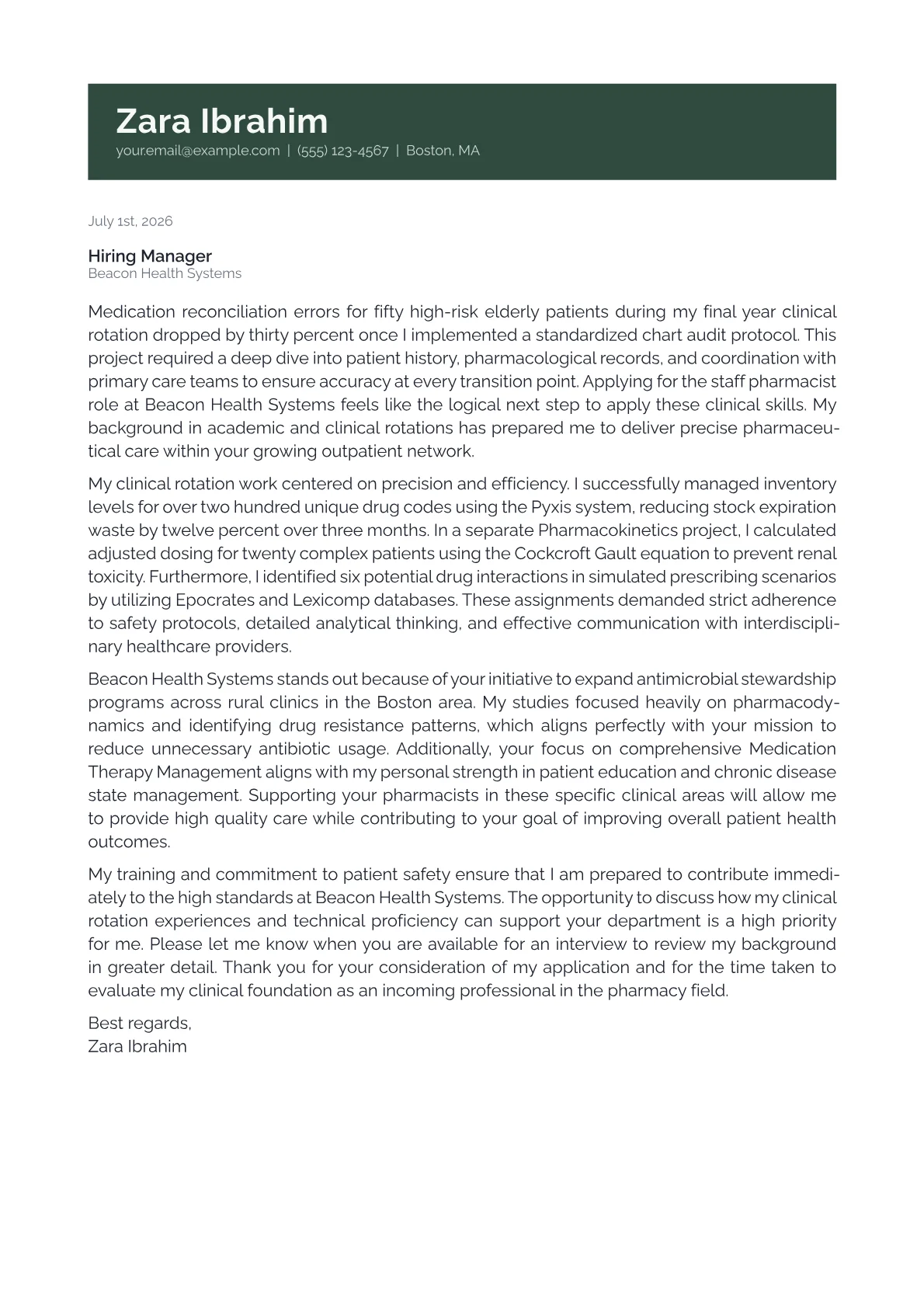 Pharmacy cover letter in the Banner design