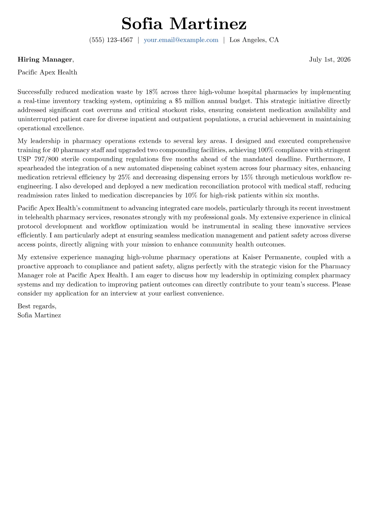 Pharmacy Manager cover letter formatted with a JobSprout template