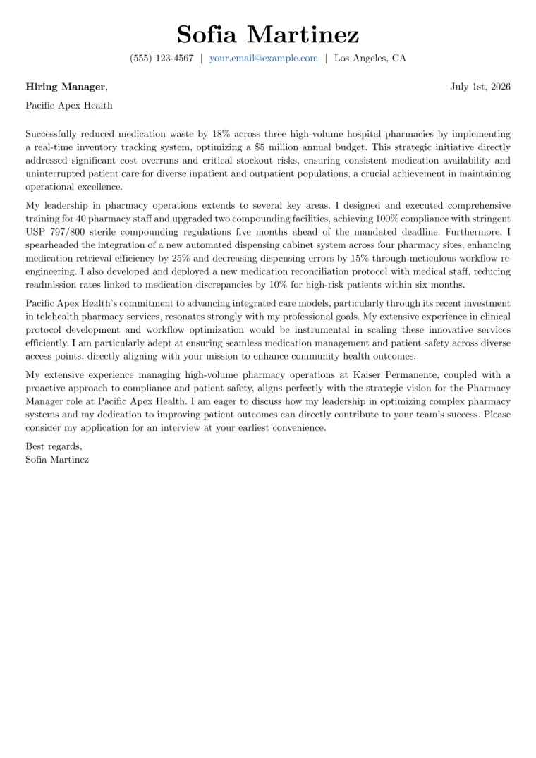 Pharmacy Manager Cover Letter Example