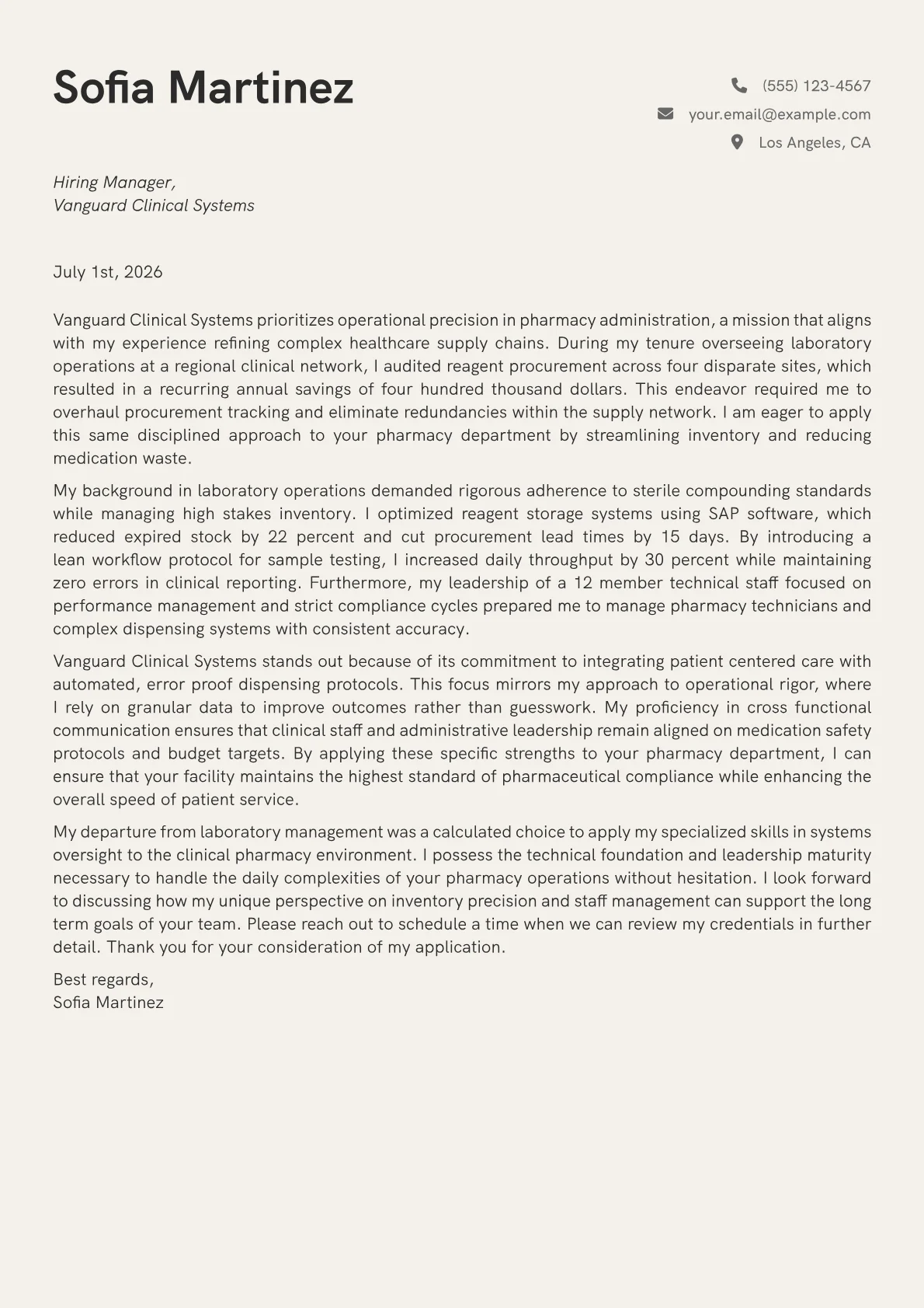 Pharmacy Manager cover letter in the Creative design
