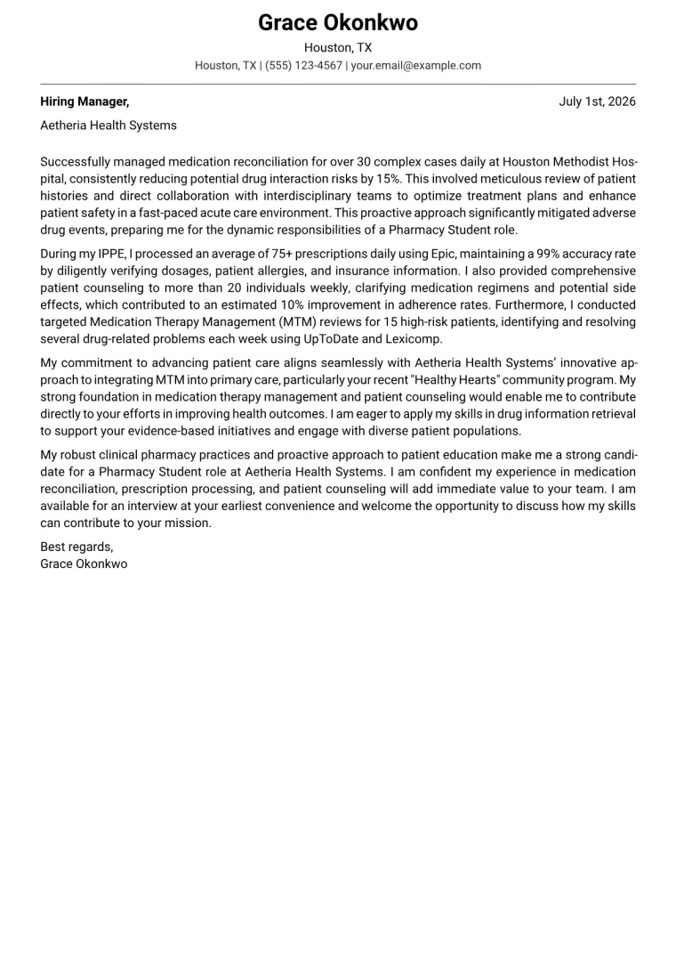 Pharmacy Student cover letter example preview
