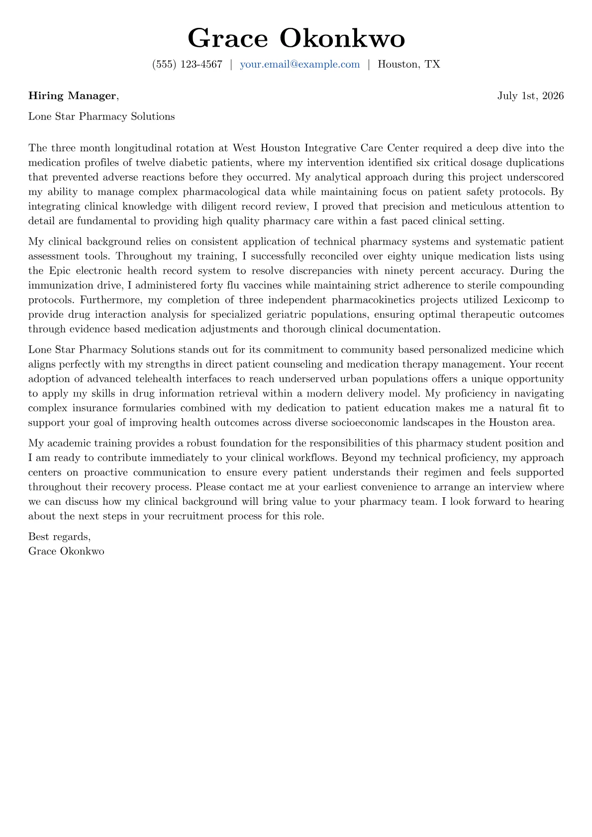 Pharmacy Student cover letter in the Basic design