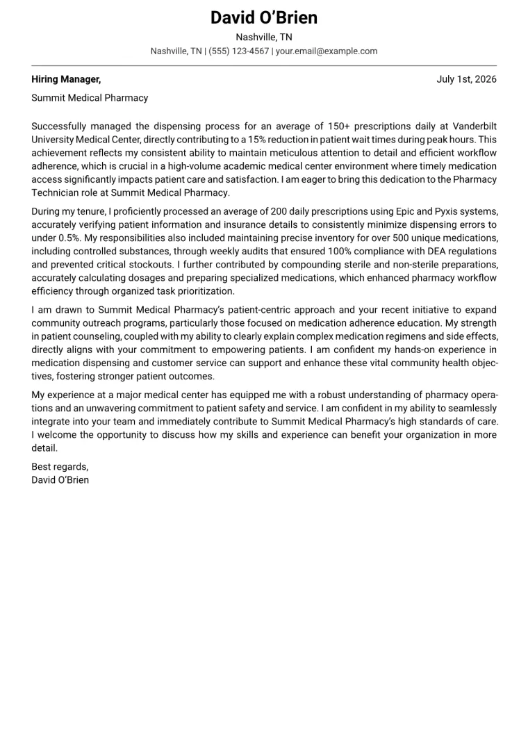 Pharmacy Technician Cover Letter Example