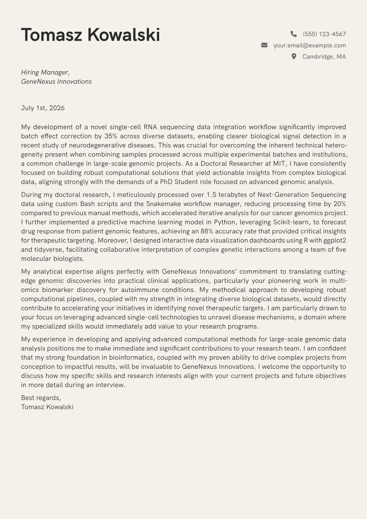 PhD Student cover letter formatted with a JobSprout template