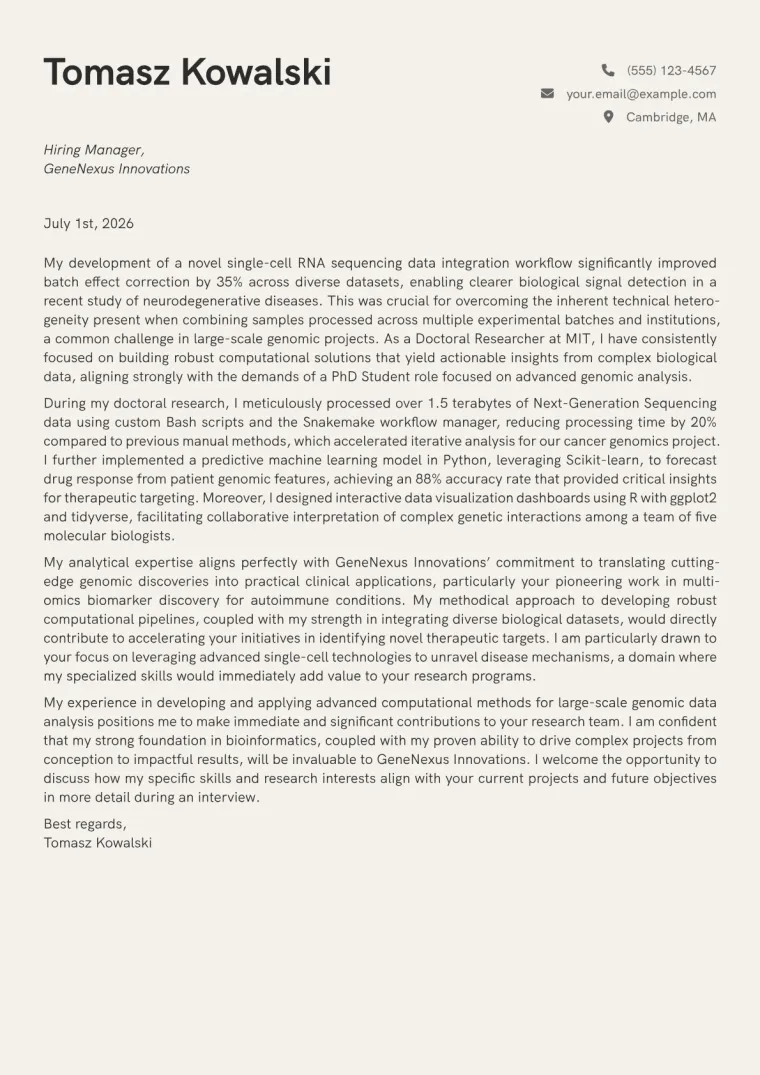 PhD Student cover letter example