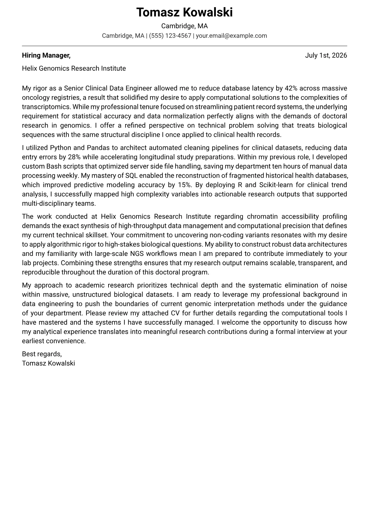 PhD Student cover letter in the Modern design