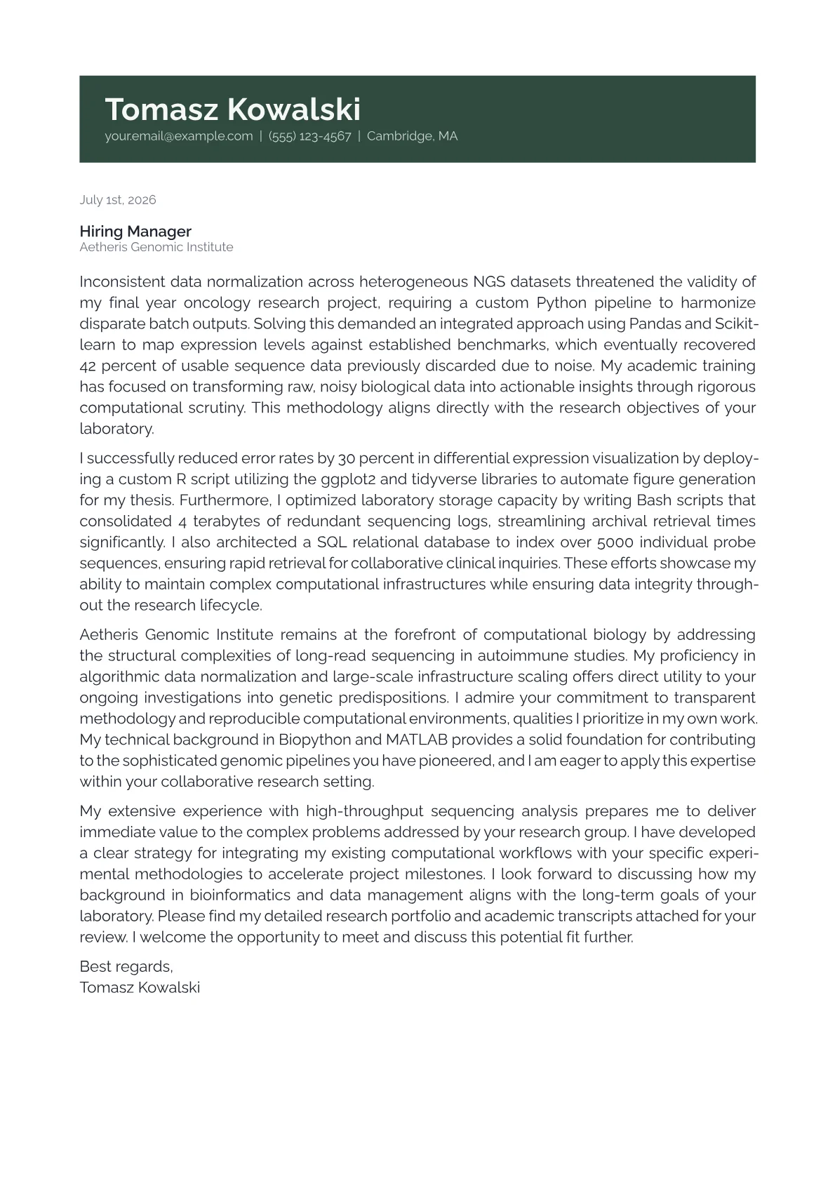 PhD Student cover letter in the Banner design