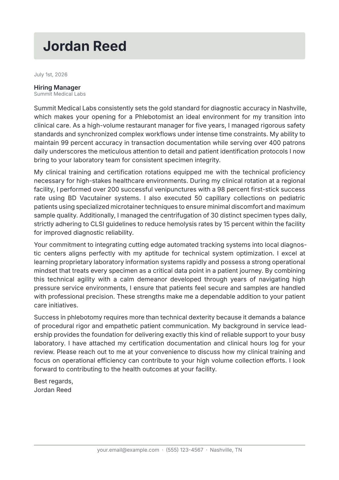 Phlebotomist cover letter in the Letterhead design