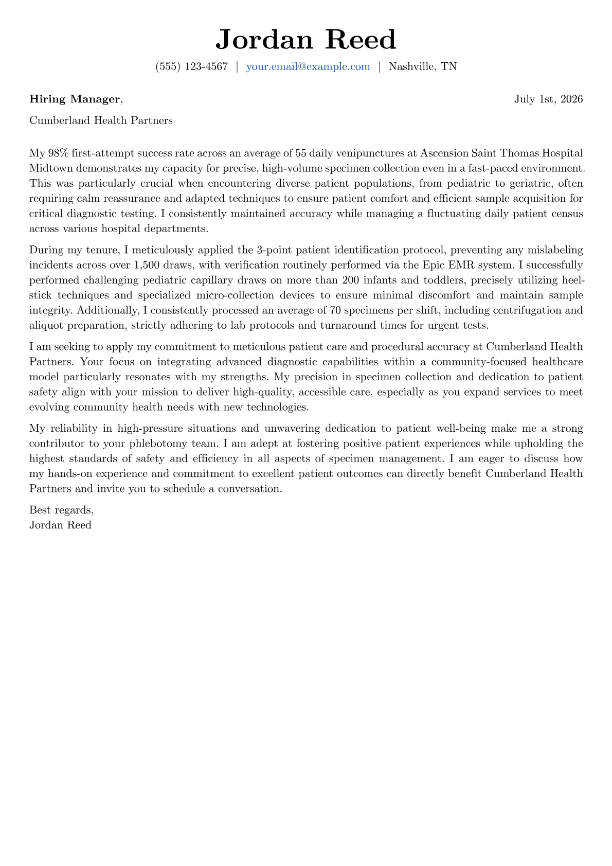Phlebotomist cover letter formatted with a JobSprout template