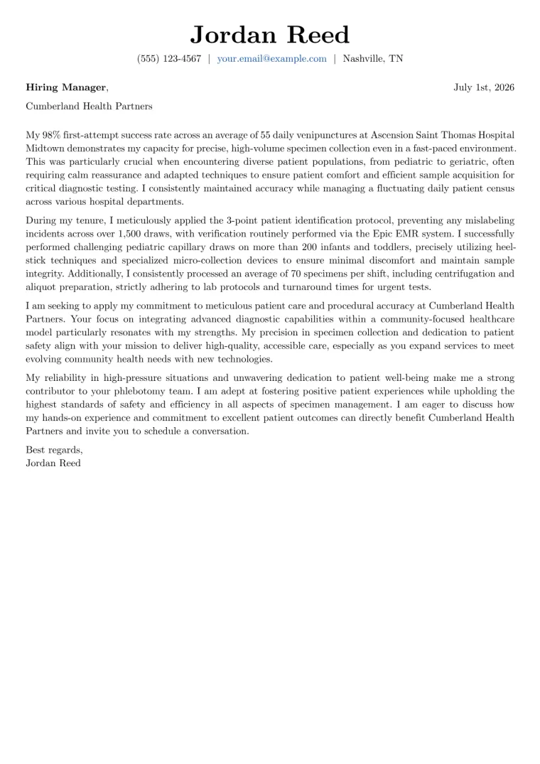 Phlebotomist Cover Letter Example