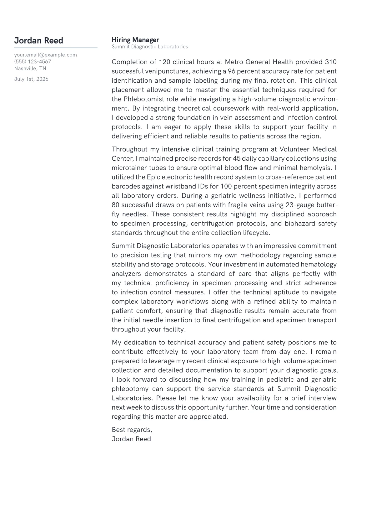 Phlebotomist cover letter in the Margin design
