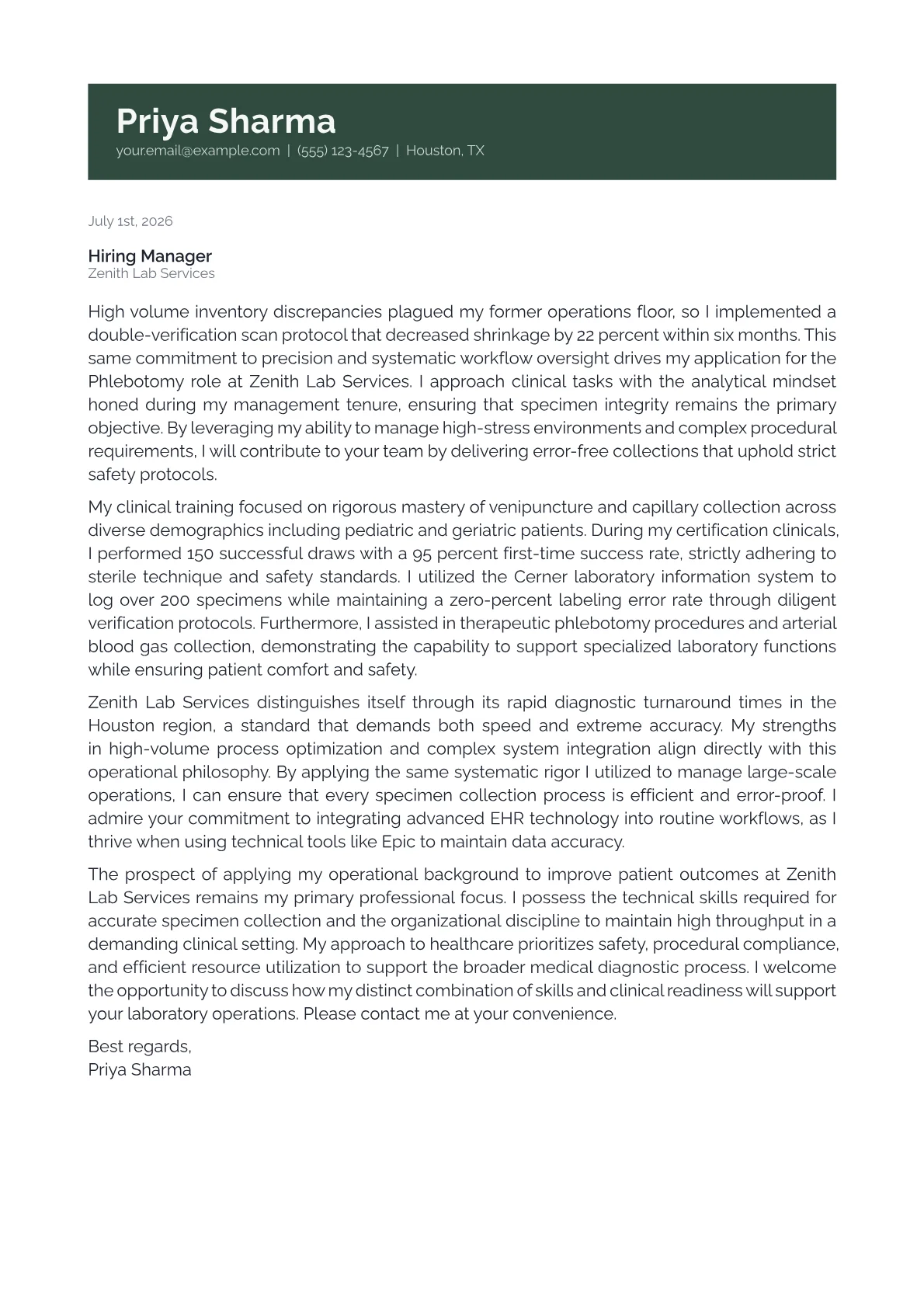 Phlebotomy cover letter in the Banner design