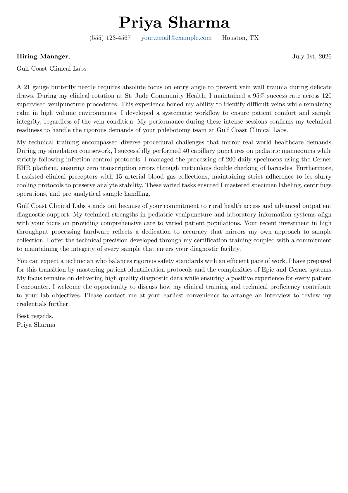 Phlebotomy cover letter in the Basic design