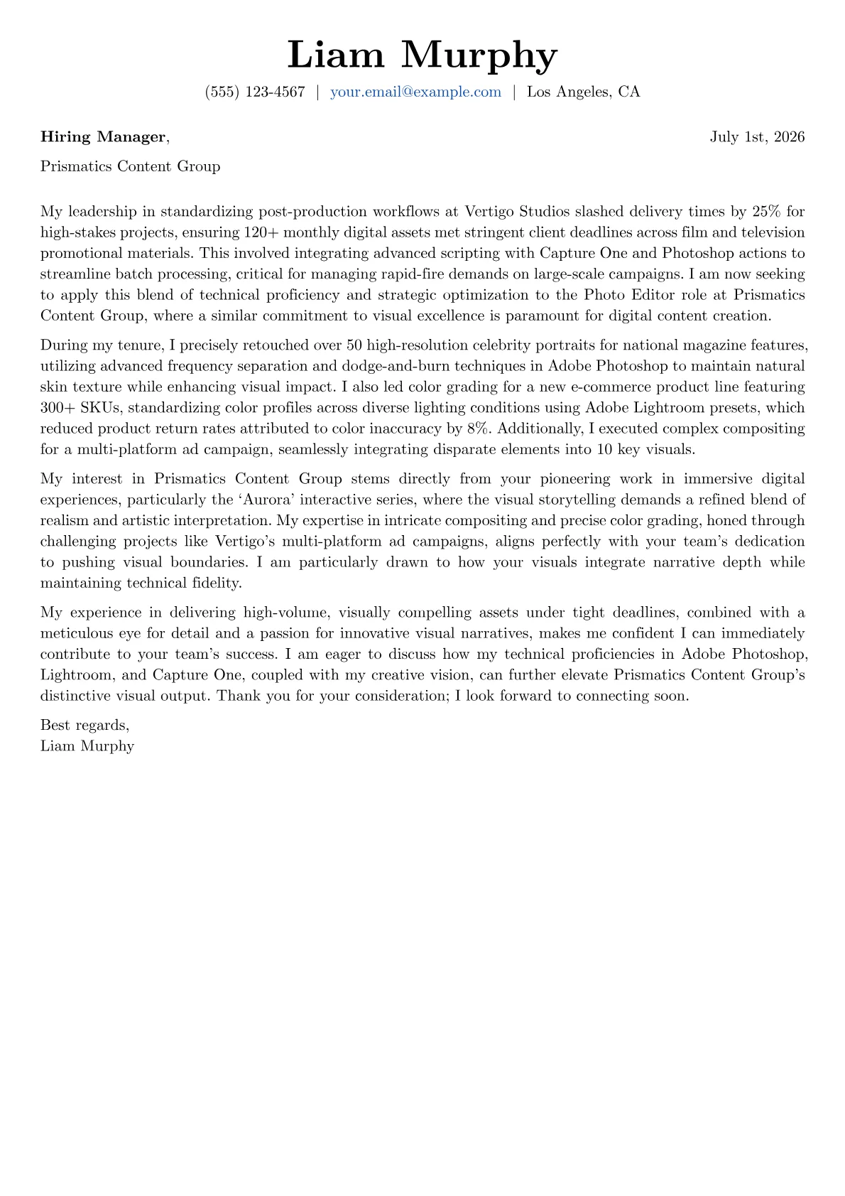 Photo Editor cover letter formatted with a JobSprout template