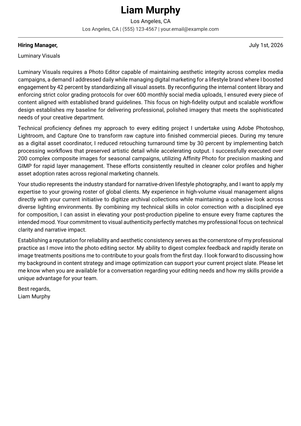 Photo Editor cover letter in the Modern design