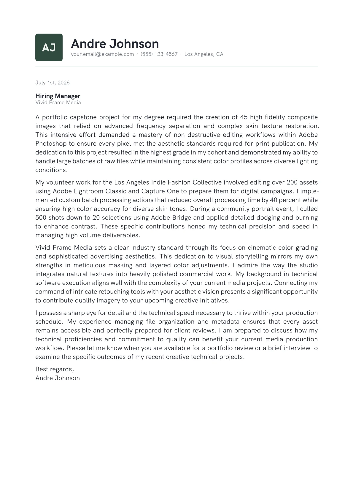 Photo Retoucher cover letter in the Emblem design