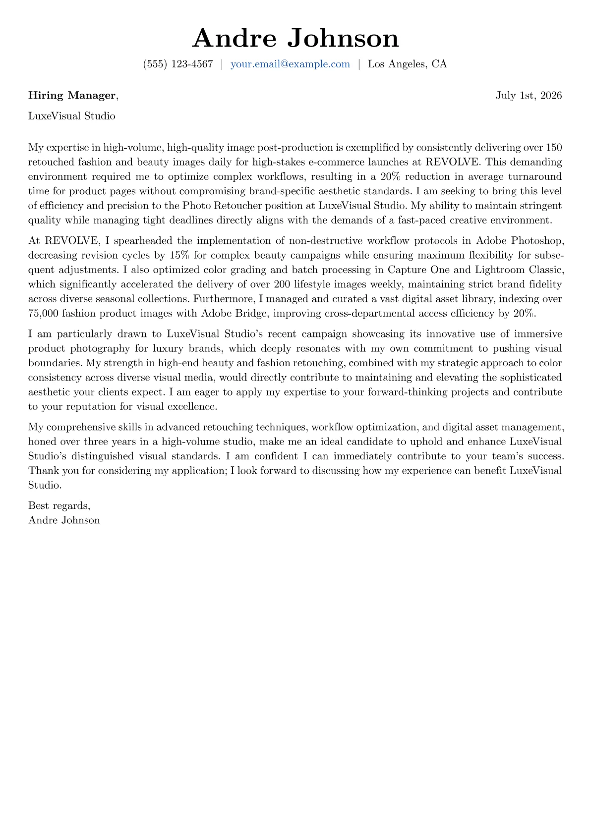 Photo Retoucher cover letter formatted with a JobSprout template