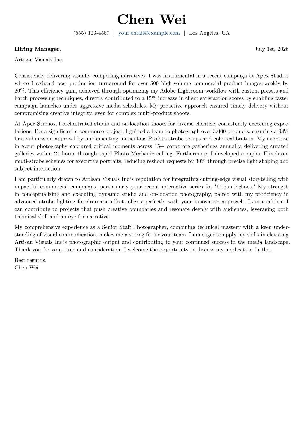 Photographer cover letter formatted with a JobSprout template