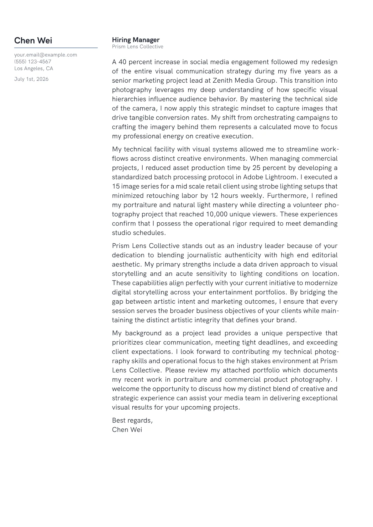 Photographer cover letter in the Margin design