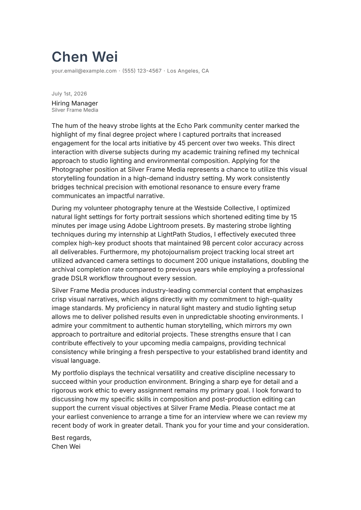 Photographer cover letter in the Minimal design
