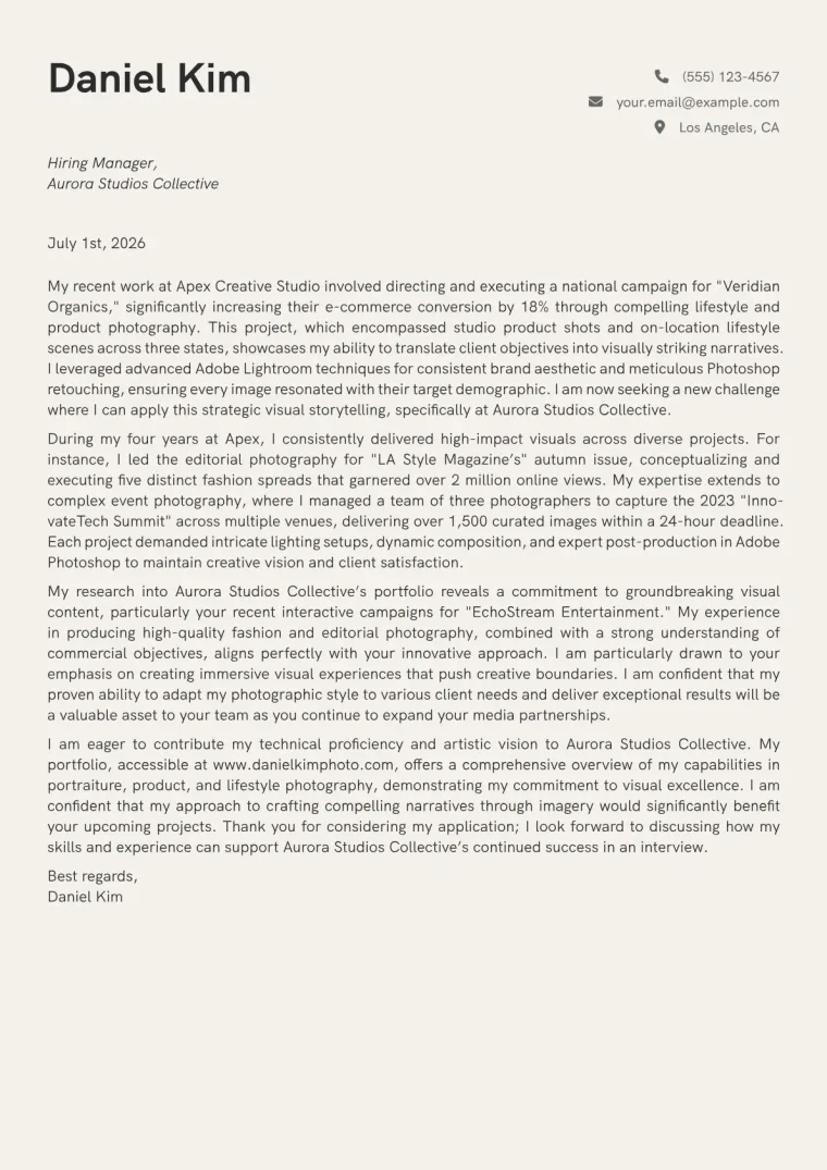 Photography cover letter example preview
