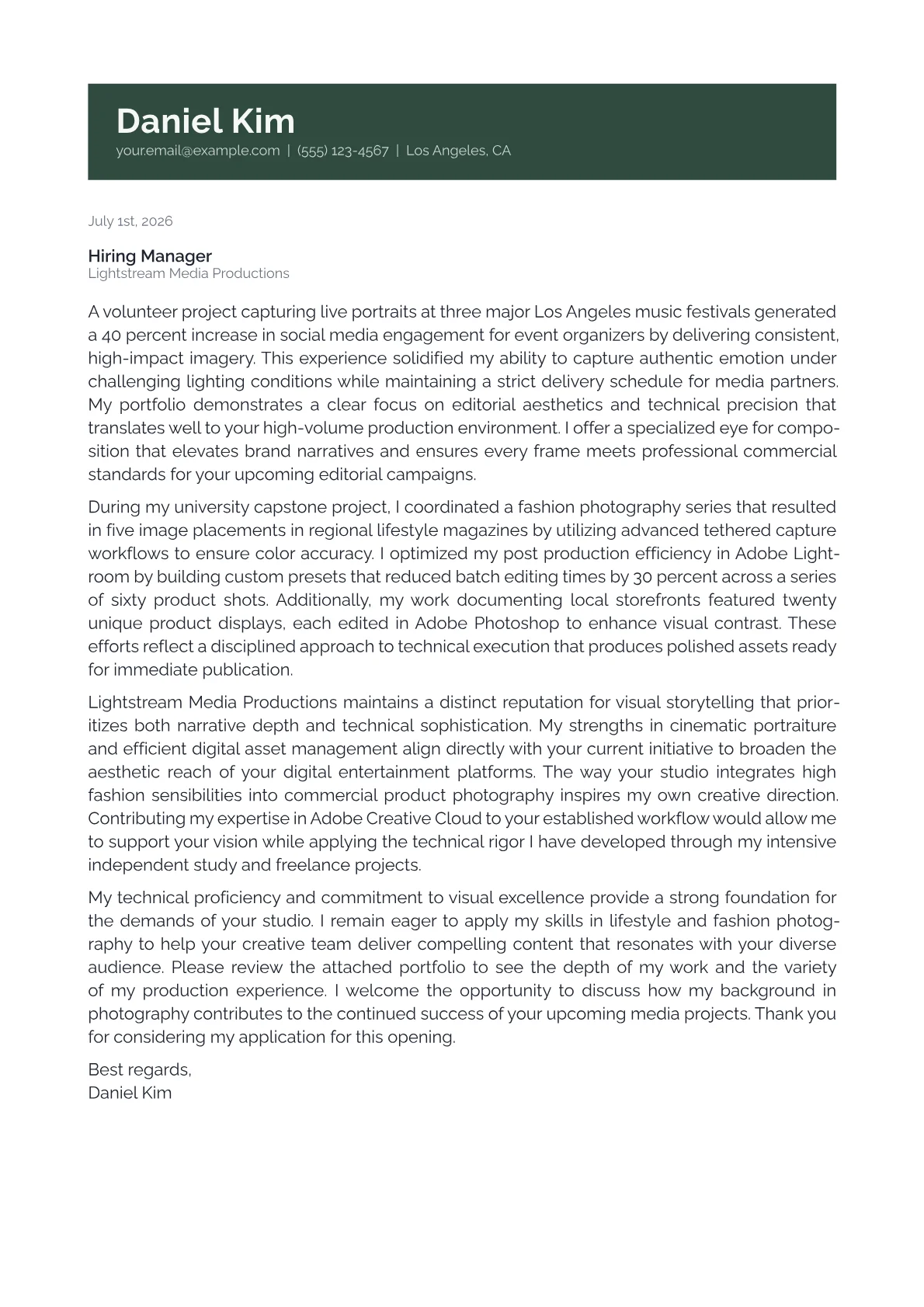 Photography cover letter in the Banner design