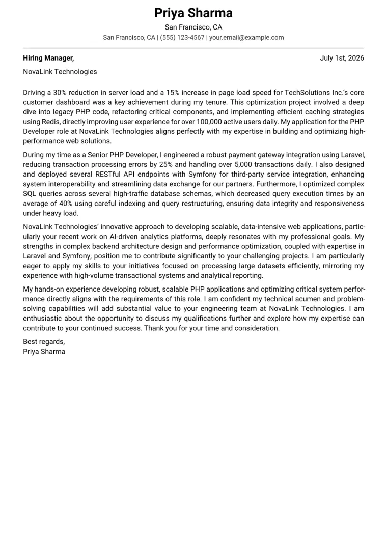 PHP Developer cover letter example preview
