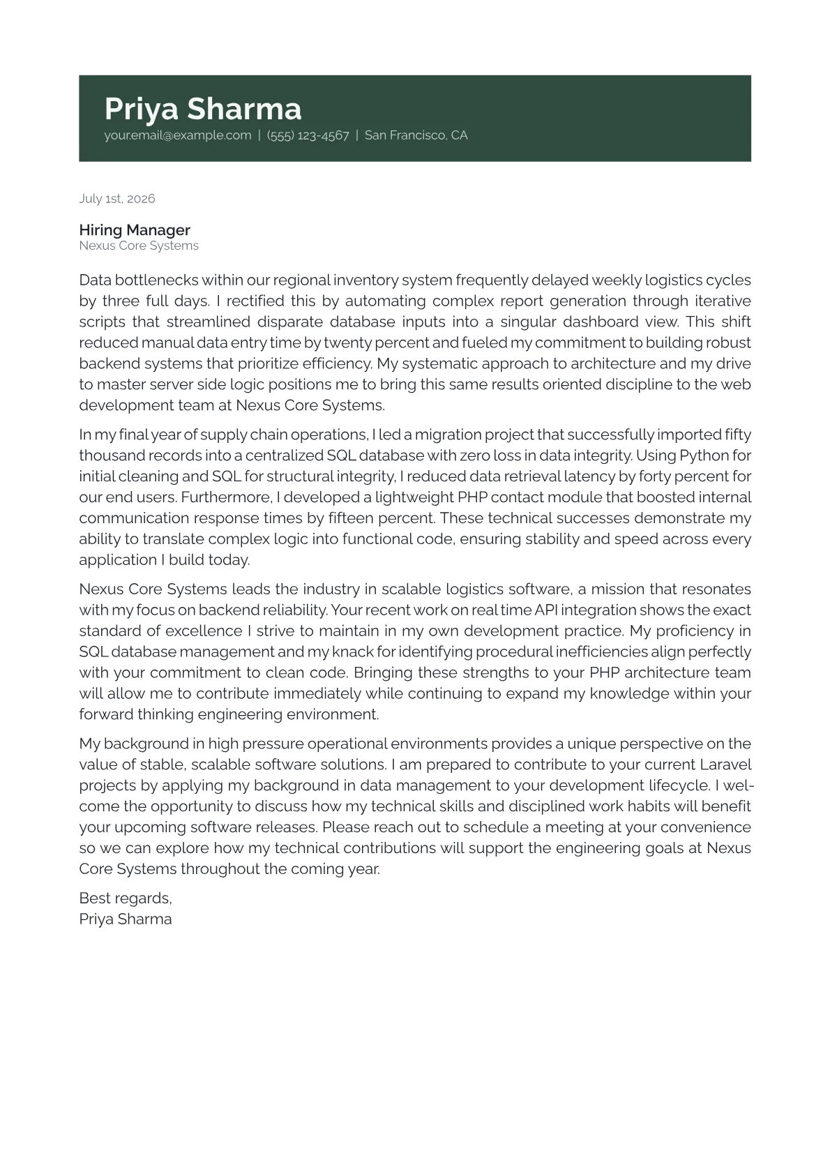 PHP Developer cover letter in the Banner design