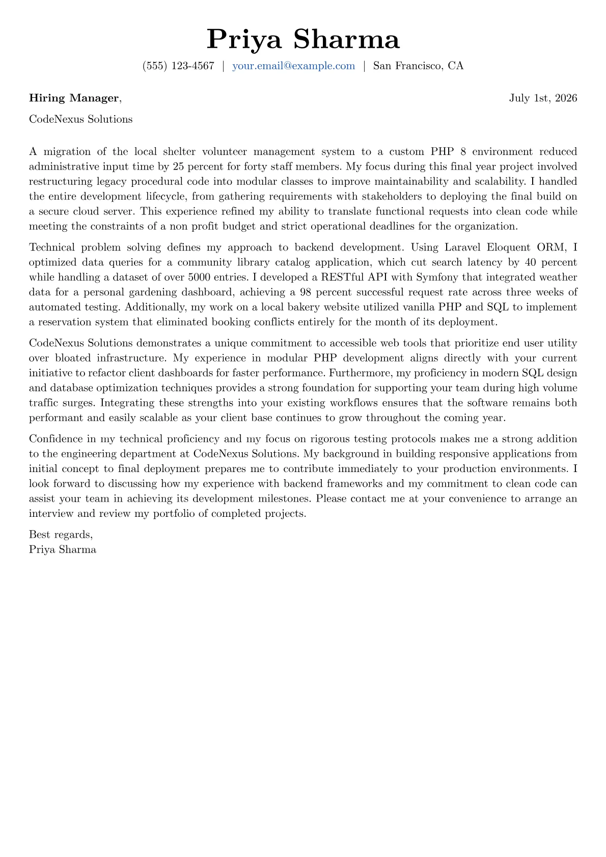 PHP Developer cover letter in the Basic design