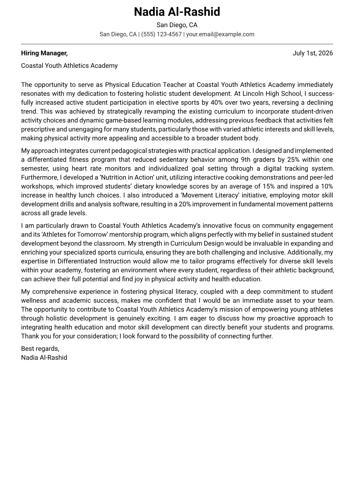 Physical Education Teacher cover letter formatted with a JobSprout template
