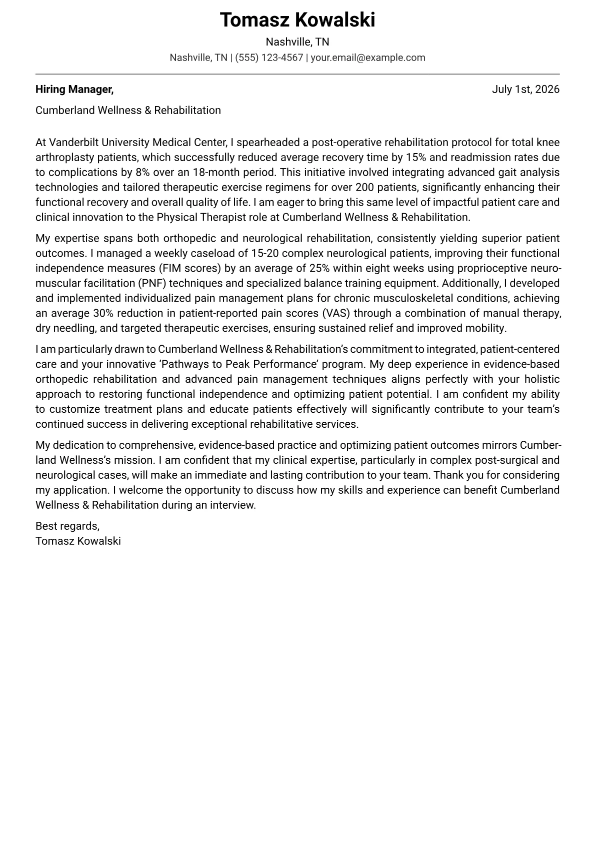 Physical Therapist cover letter formatted with a JobSprout template