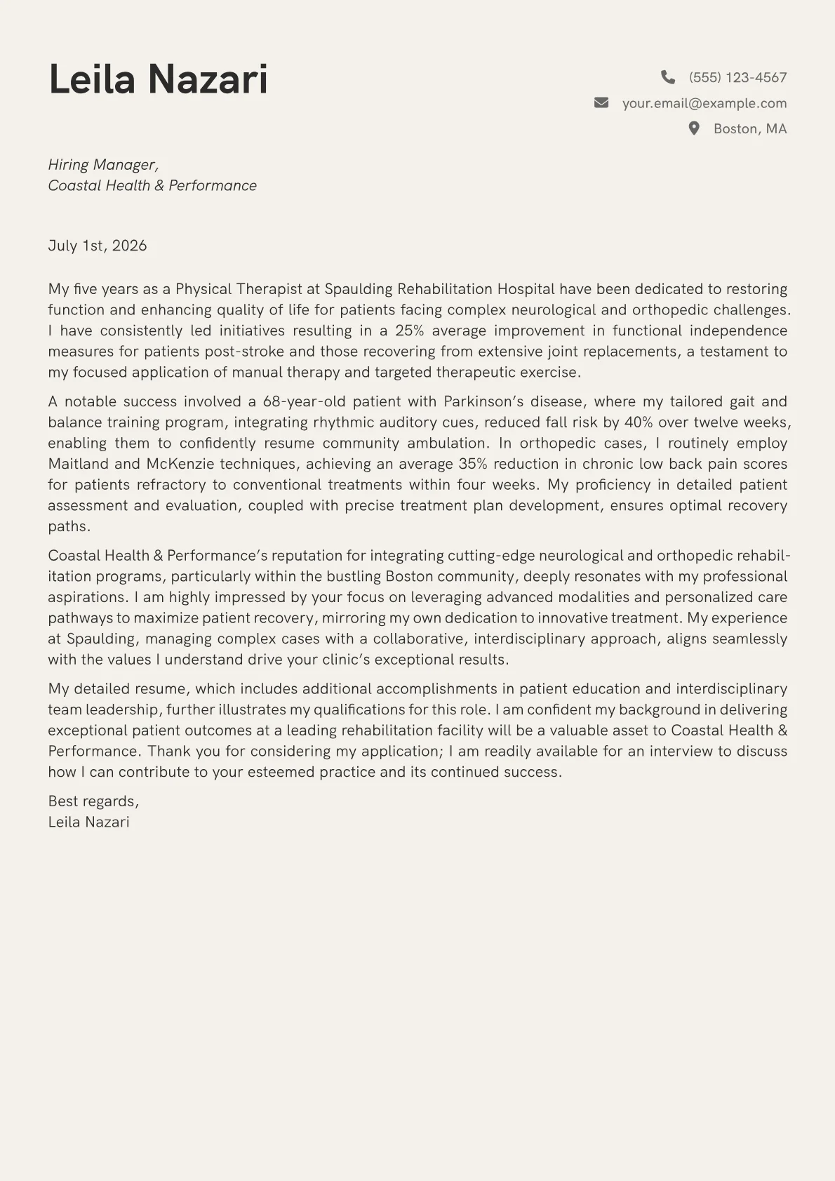 Physical Therapy cover letter formatted with a JobSprout template
