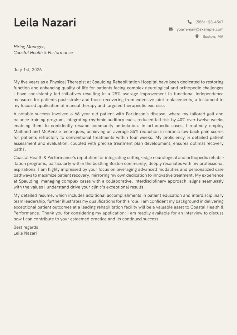 Physical Therapy cover letter example preview