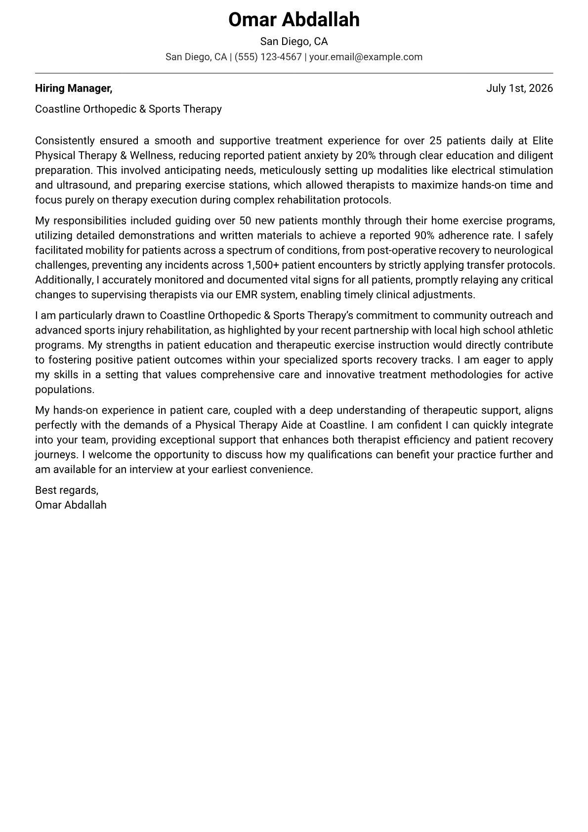 Physical Therapy Aide cover letter formatted with a JobSprout template