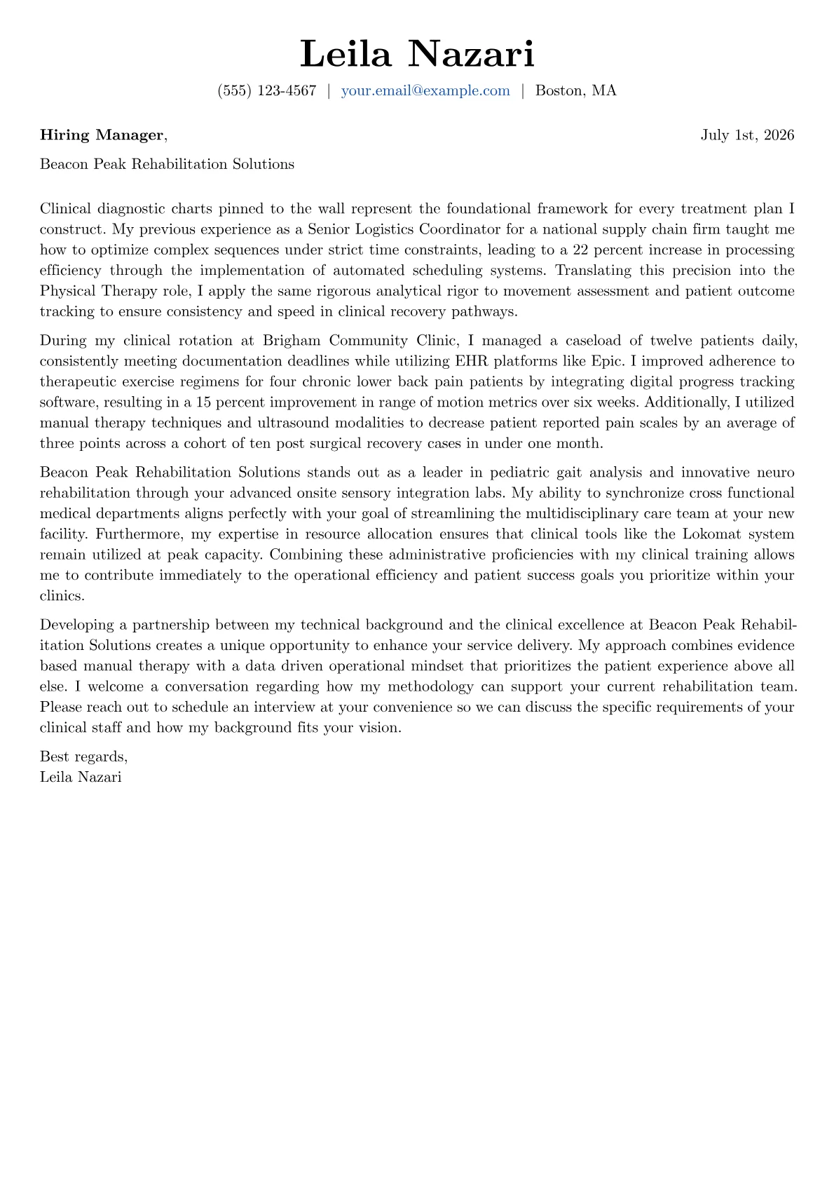 Physical Therapy cover letter in the Basic design
